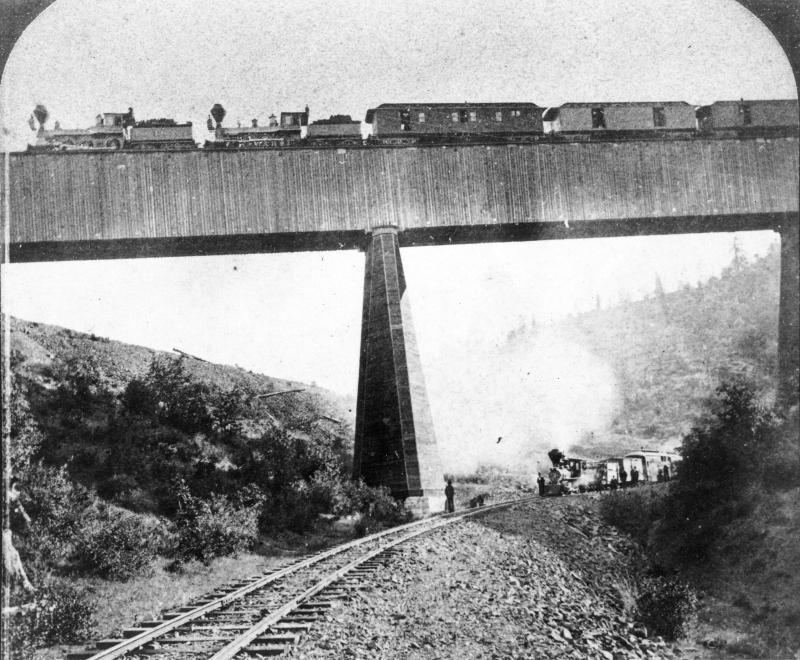 Trains meet at Long Ravine in the 1870s.