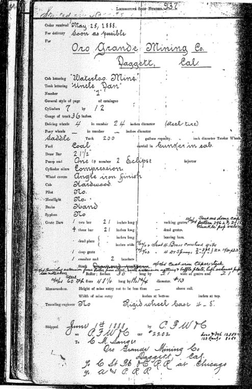 Porter specification for "Uncle Dan" cn 937