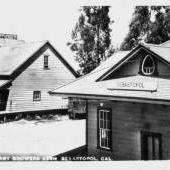 Sebastopol's Northwest Pacific train depot circa 1908 with its distinctive egg-shaped eave window and the Sebastopol Berry Growe