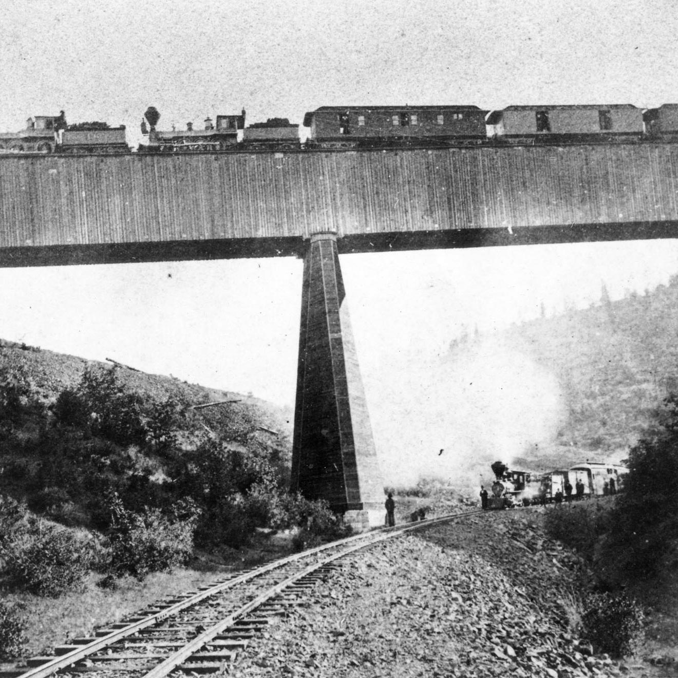 Trains meet at Long Ravine in the 1870s.