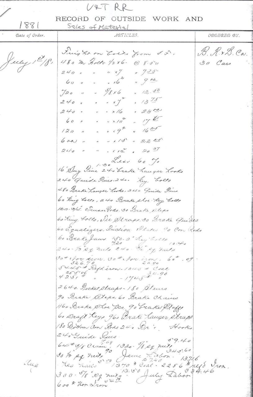Invoice for construction of 30 flatcars from the V. & T.