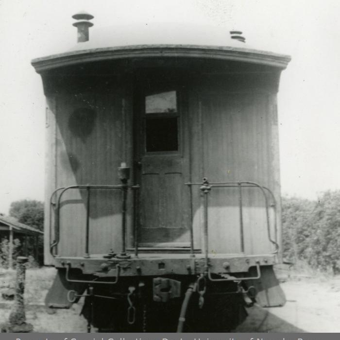 Former Coach #5 on the Grizzly Flats Railroad, end view. 1939.