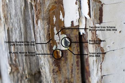 Visualization of every Union Pacific common standard color on the window frame of an SPLA&SL bunkhouse at Lynndyl, Utah.